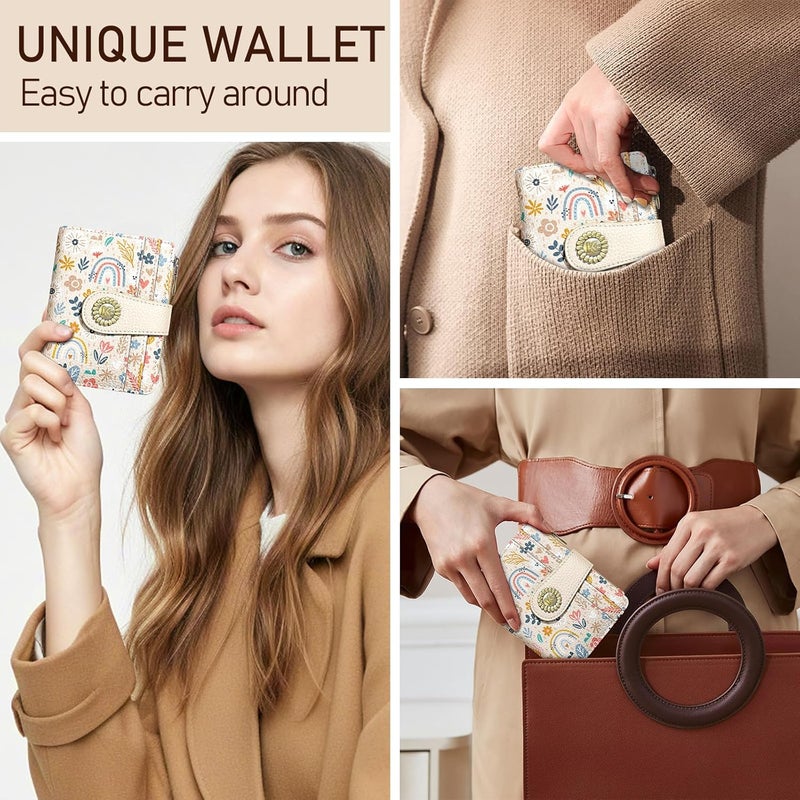 Kelvoris Rainbow Flower Floral Small Rfid Women Wallet Bifold Zipper Coin Pocket PU Leather Compact Cash Credit Card Holder Travel Wallet for Female Ladies Teen Girls 1 ID Window 10 Card Slots - Image 2